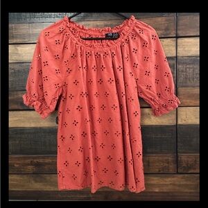 Cure Burnt Orange 100% Cotton Eyelet Short Sleeve Tunic Prairie Ruffle Top Sz M